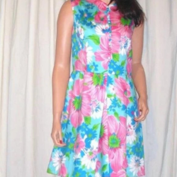 Vintage Gregg Draddy Floral Blue Pink Dress M - Picture 1 of 5